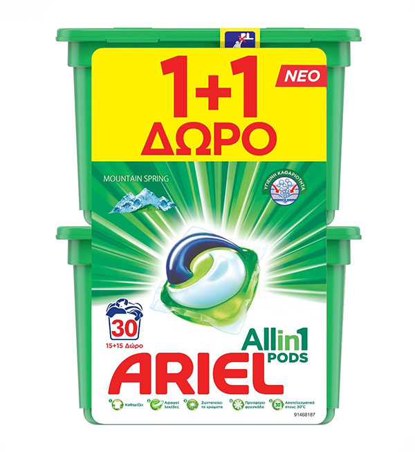 Ariel 3in1 Pods Mountain Spring Κάψουλες Ρούχων 30τεμ (1+1 Δώρο)
