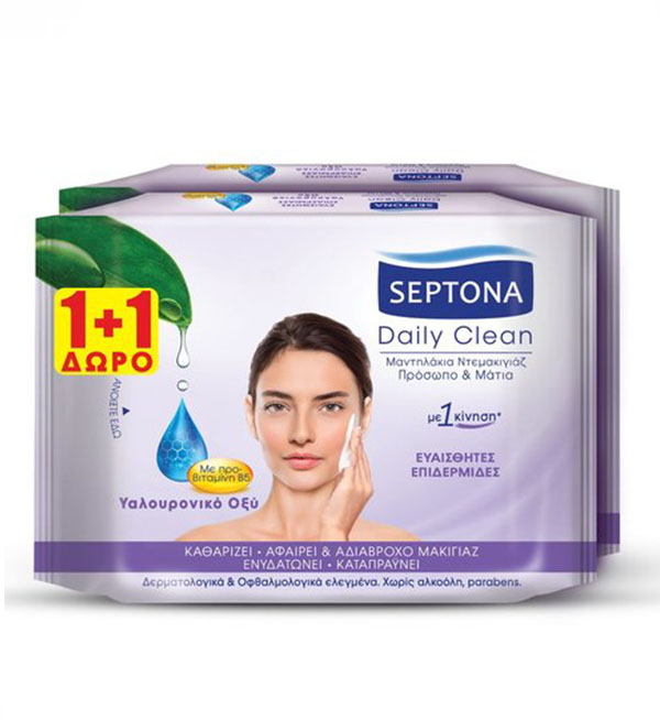Septona Daily Clean Wipes Μαντηλάκια Ντεμακιγιάζ Με Υαλουρονικό Οξύ 2x20τεμ