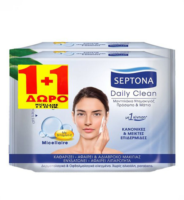 Septona Daily Clean Wipes Μαντηλάκια Ντεμακιγιάζ Micellaire 2x20τεμ