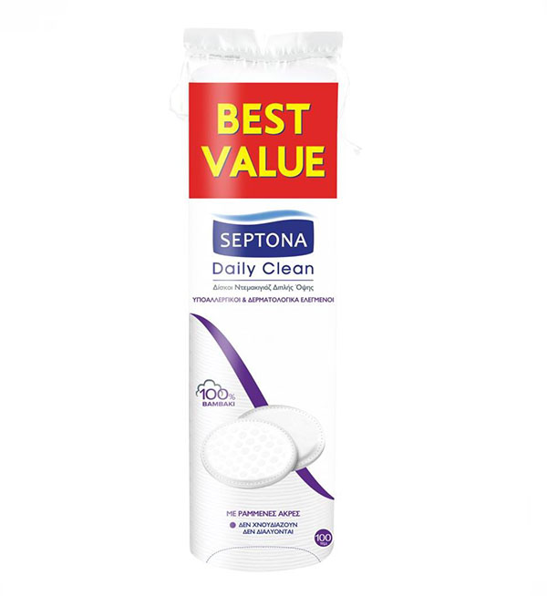 Septona Daily Clean Round Στρογγυλοί Δίσκοι Ντεμακιγιάζ από 100% Βαμβάκι 100τεμ